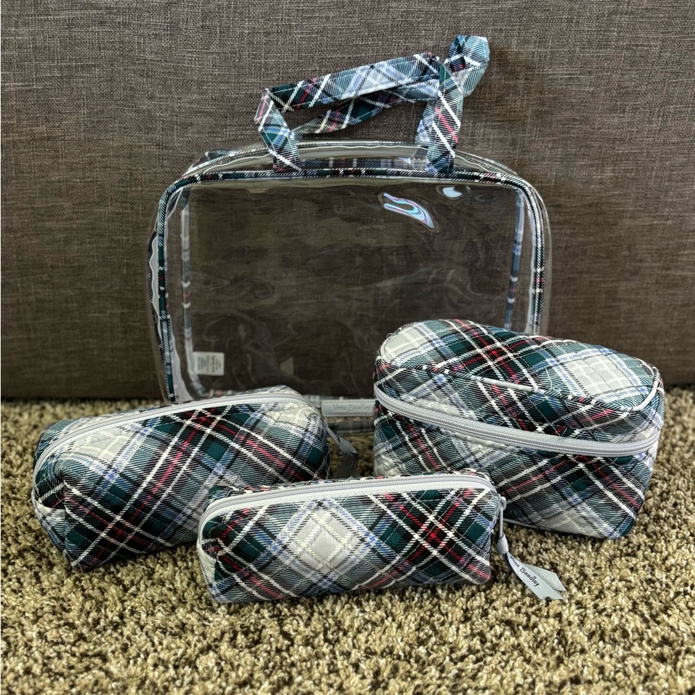 Vera Bradley Plaid Travel Cosmetic Bag Set with Clear Carry Case